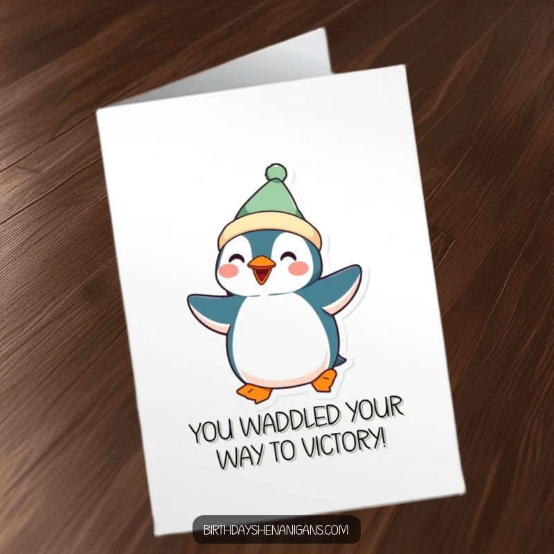 Funny Free Printable Congratulations Card: A kawaii penguin in festive attire performing a hilarious and silly dance.