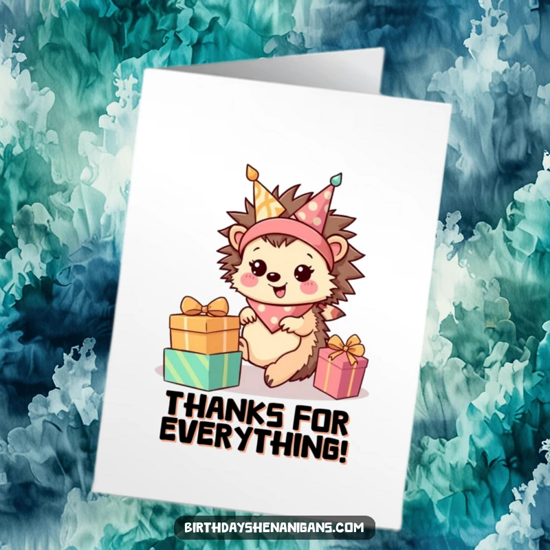 Funny Free Printable Thank You Card: Happy hedgehog rolls towards presents, expressing sincere gratitude.
