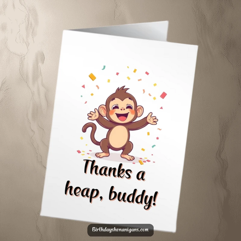 Funny Free Printable Kawaii Monkey Thank You Card: A joyful monkey showering thanks with a cascade of colorful confetti.
