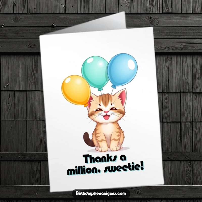 Funny Free Printable Kitten Thank You Card: Giggling kitten balancing balloons on its nose, expressing thanks with downloadable kitten charm.