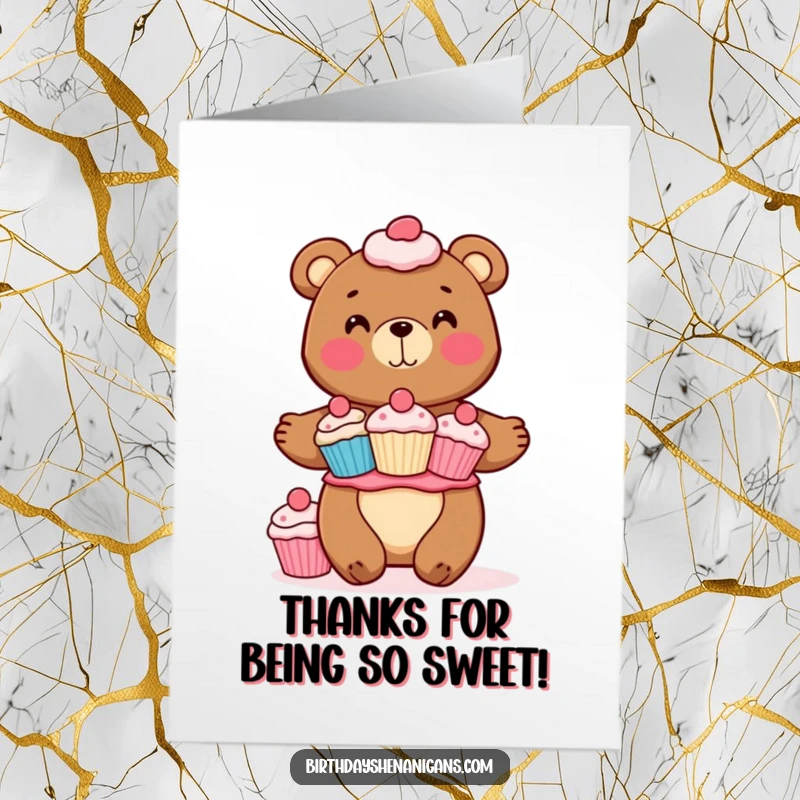 Funny Free Printable Thank You Card: A bear beams while successfully balancing a tall stack of delectable cupcakes.