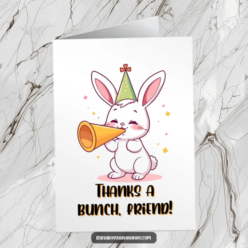 Funny Free Printable Thank You Card: Excited bunny wearing a party hat blows a large horn, expressing thanks with joy.
