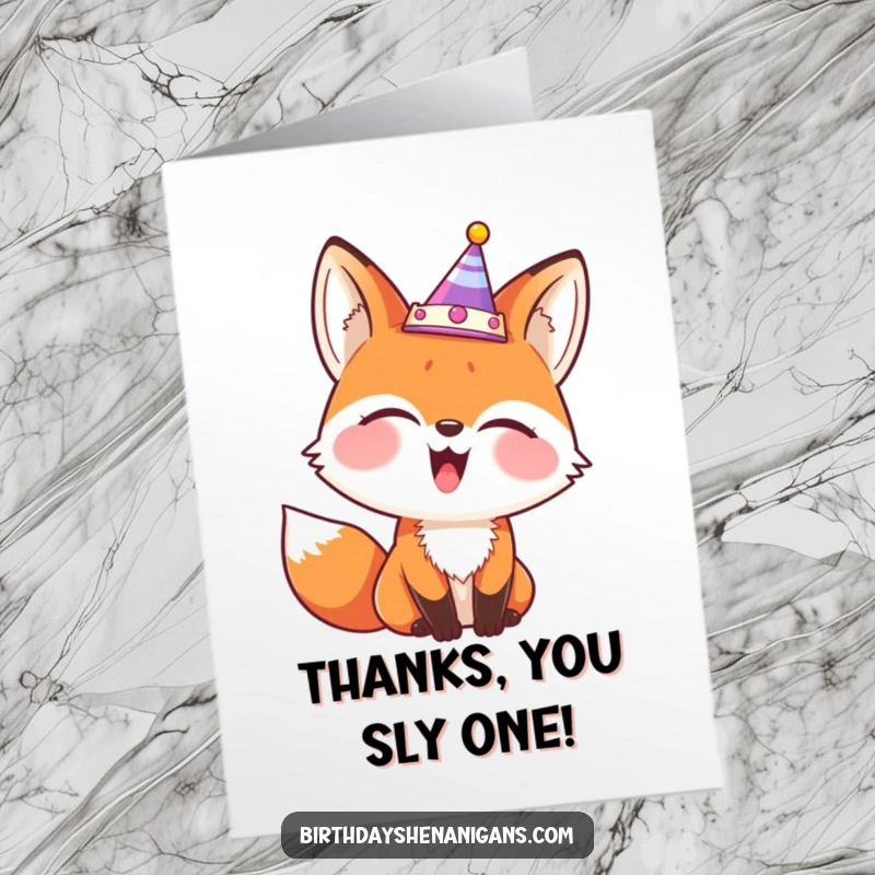 Funny free printable thank you card of a giggling fox with a comically askew party crown, sending bubbly thanks.