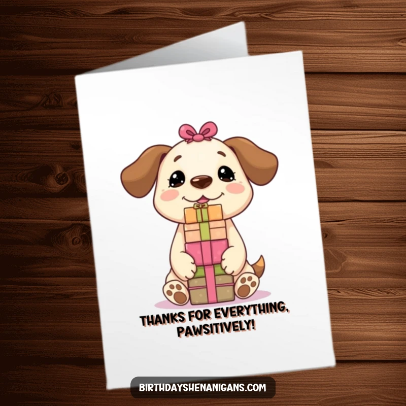 Funny Free Printable Thank You Card with a cute Kawaii dog balancing a tower of presents on its nose, conveying thanks.