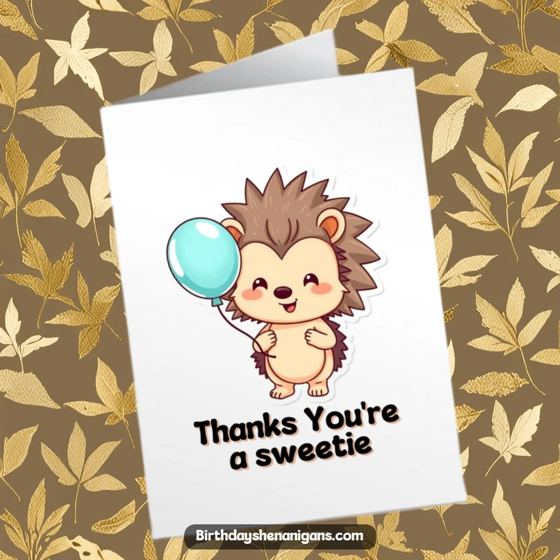 Funny Free Printable Thank You Card: A smiling hedgehog holds a colorful balloon, conveying heartfelt thanks.