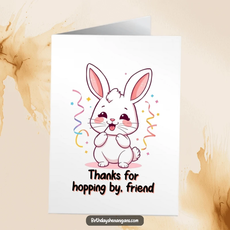 Funny Free Printable Thank You Card featuring a kawaii bunny joyfully blowing party streamers, expressing heartfelt thanks with a bright smile.