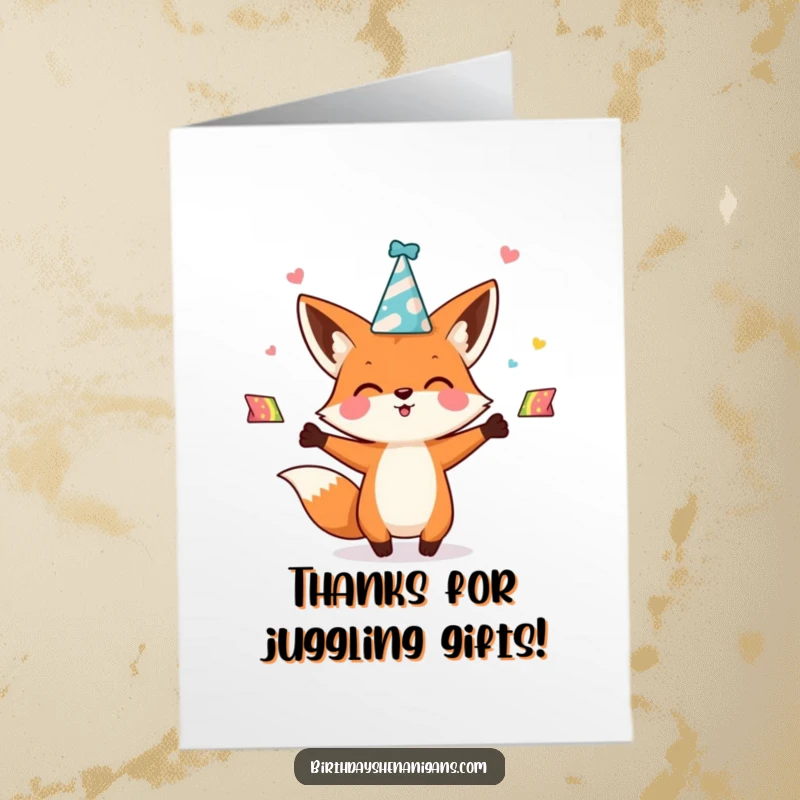Funny Free Printable Thank You Card: Kawaii fox character enthusiastically juggles party hats, sending colorful thanks.