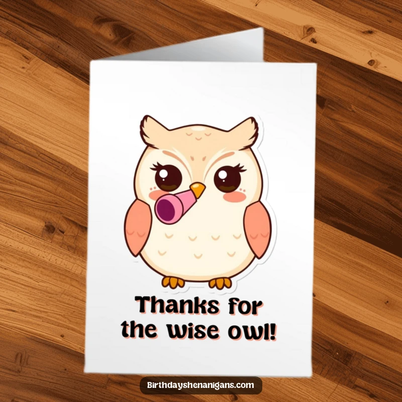 Funny Free Printable Thank You Card: Kawaii owl character with a party blower, sending a cheerful message of thanks.