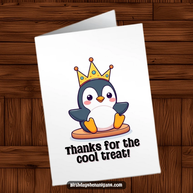 Funny Free Printable Thank You Card: Kawaii penguin character slides wearing a silly crown, sending heartfelt thanks.
