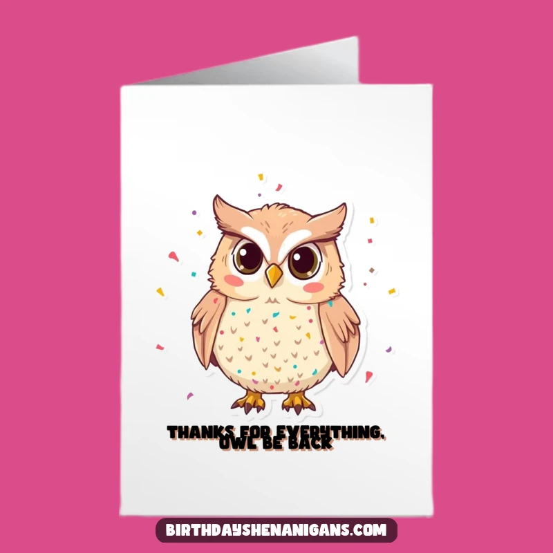 Free Printable Thank You Card: Owl's Confetti Splash, Humorous Downloadable Greeting for Appreciation