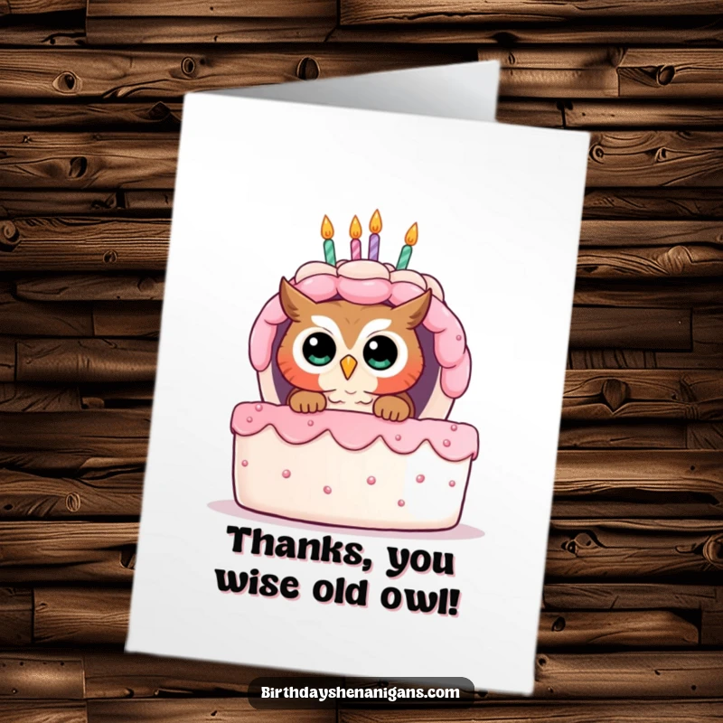 Funny free printable thank you card with a curious owl peeking from behind a giant cake, sending sweet thanks.