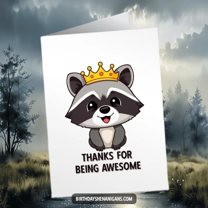 Funny Free Printable Thank You Card: A happy raccoon character dons a festive crown, offering a gracious royal thank you.