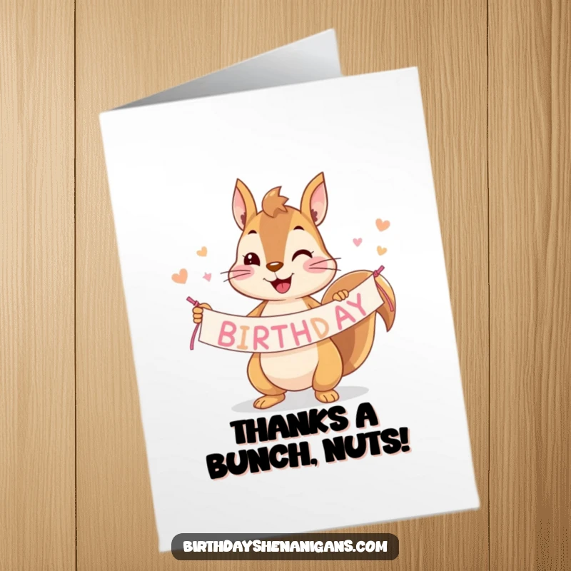 Funny Free Printable Thank You Card: Adorable squirrel holding a banner, conveying thanks with playful humor.