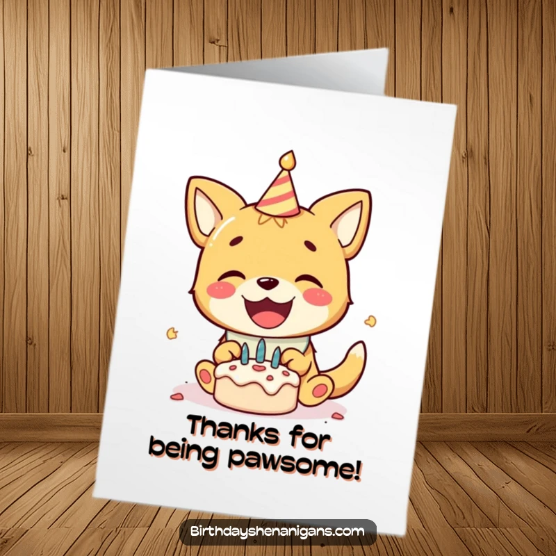 Funny free printable thank you card: a dog in a bib gleefully smashes a tiny cake with pure delight.