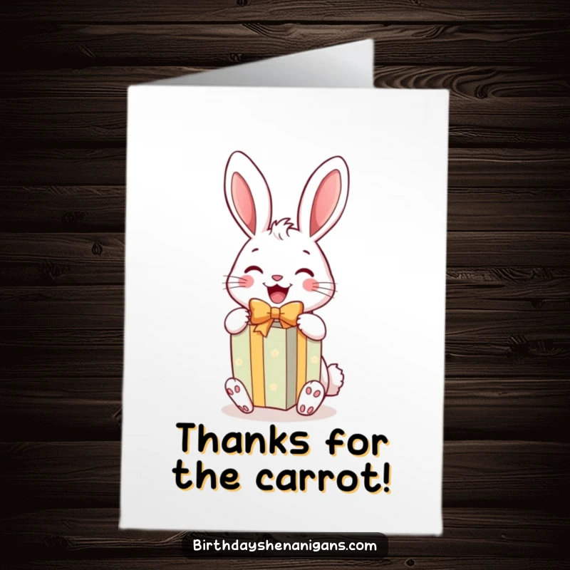 Funny Free Printable Thank You Card: A happy rabbit unwraps a gift, showing appreciation and joy.