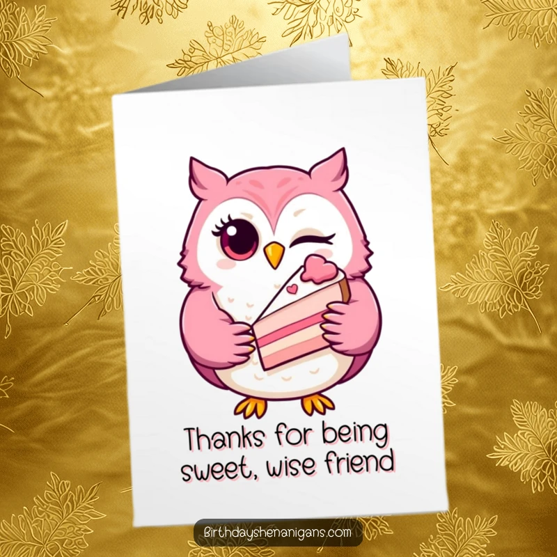 Funny Free Printable Thank You Card: A winking owl holds a slice of cake, offering sweet appreciation.