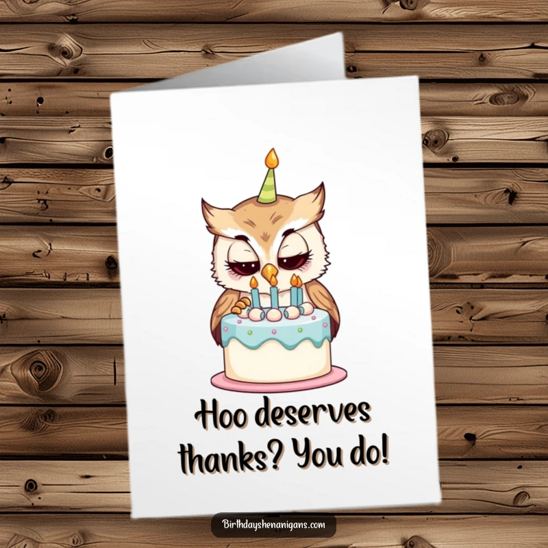 Funny Free Printable Thank You Card: Curious owl character peering at a birthday cake, symbolizing appreciation.