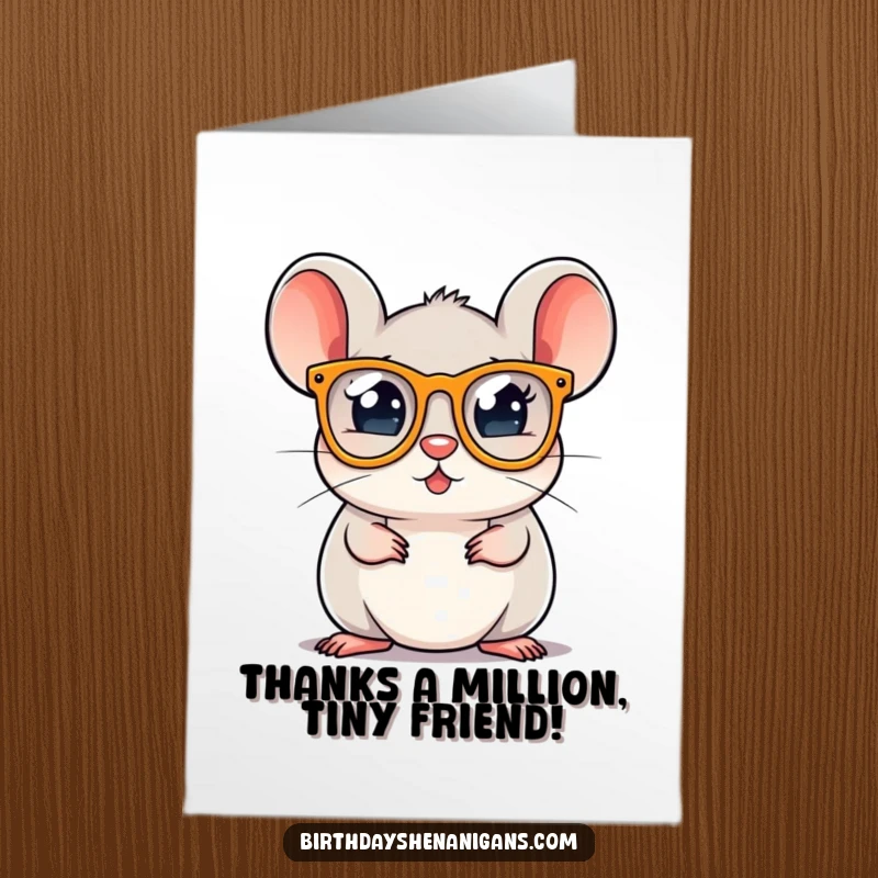 Funny Free Printable Thank You Card: A smiling mouse wearing tiny, colorful party glasses, expressing sincere thanks with a wink.