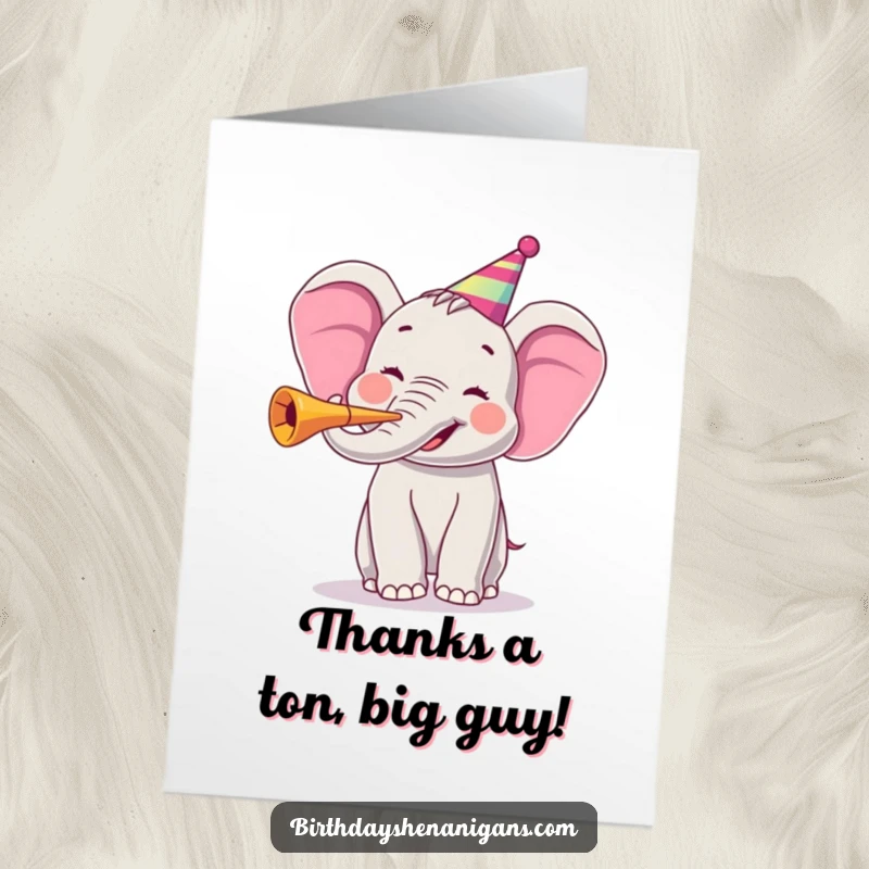 Funny Free Printable Thank You Card with a delighted elephant blowing a party horn, conveying thanks with enthusiasm.