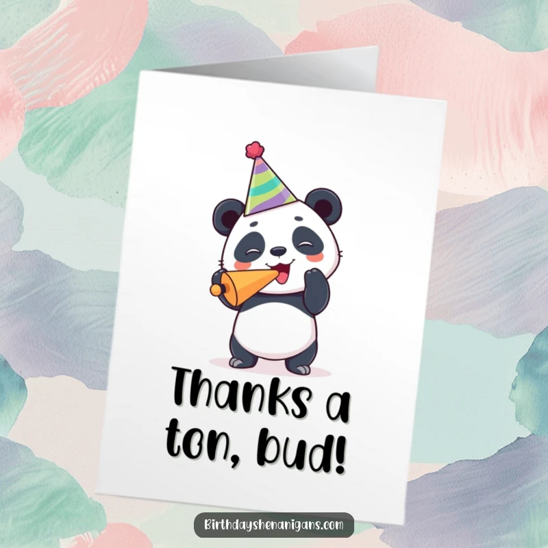 Funny Free Printable Panda Thank You Card: Joyful panda in party hat blowing a noisemaker, expressing thanks with downloadable humor.