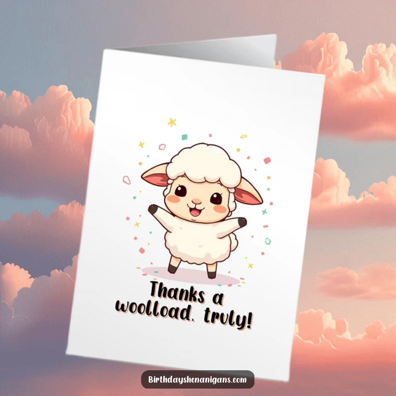 Funny Free Printable Thank You Card with a playful sheep scattering confetti, conveying heartfelt thanks with a laugh.