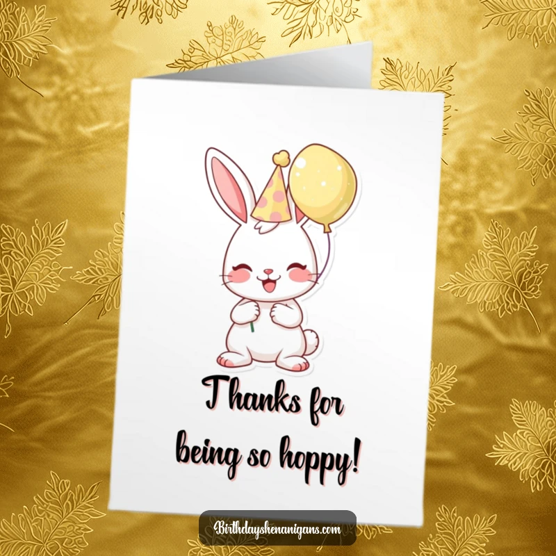 Funny Free Printable Thank You Card: A cheerful bunny in a party hat holds a balloon, offering thanks with a smile.