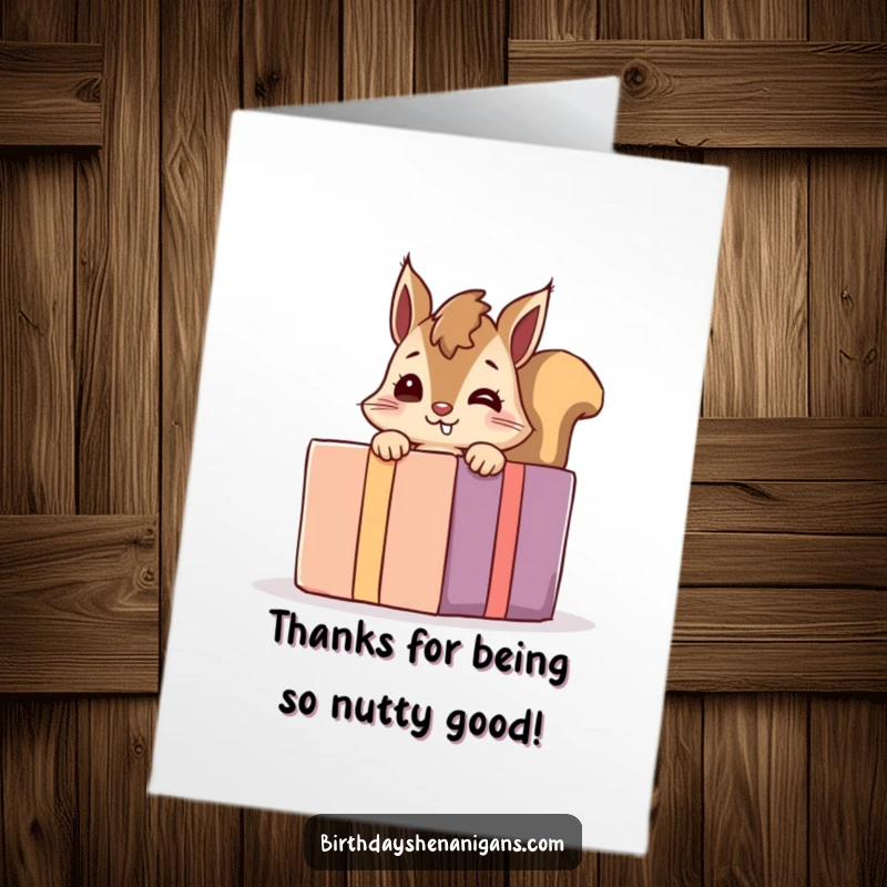 Funny Free Printable Thank You Card: A giggling squirrel peeks from behind a large present, offering thanks.
