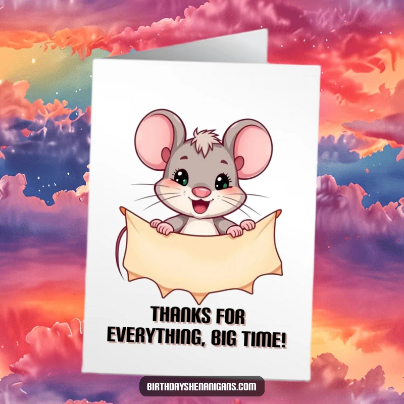 Funny Free Printable Thank You Card featuring a mouse intently hanging a decorative banner, expressing thanks with effort.