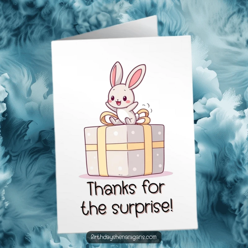 Funny Free Printable Kawaii Bunny Thank You Card: A bunny bouncing with glee on a very large, decorated present.