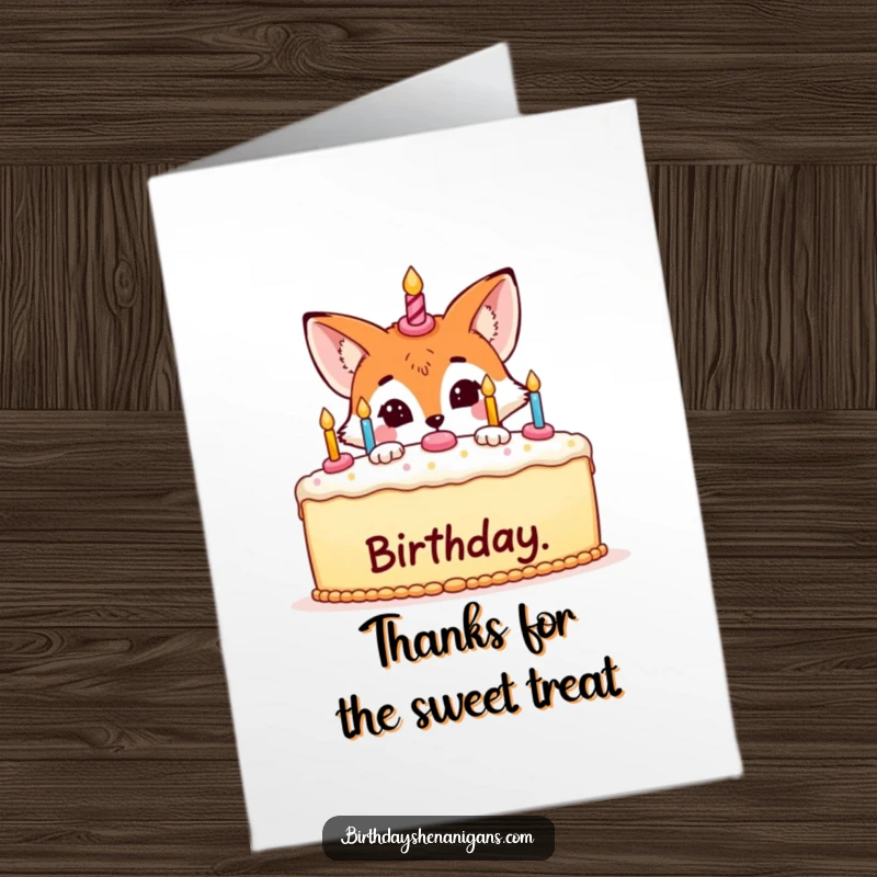 Funny free printable thank you card with a fox peeking from behind a cake, a delightful and mischievous downloadable gift.