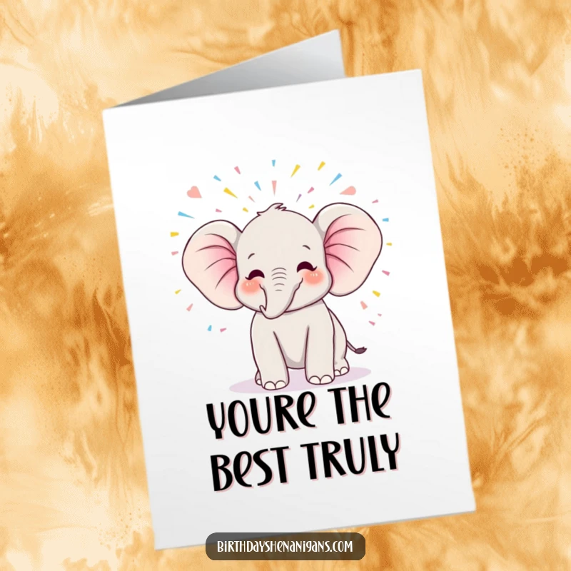 Funny Free Printable kawaii elephant trumpeting happily, adorned with streamers, a perfect thank you card.