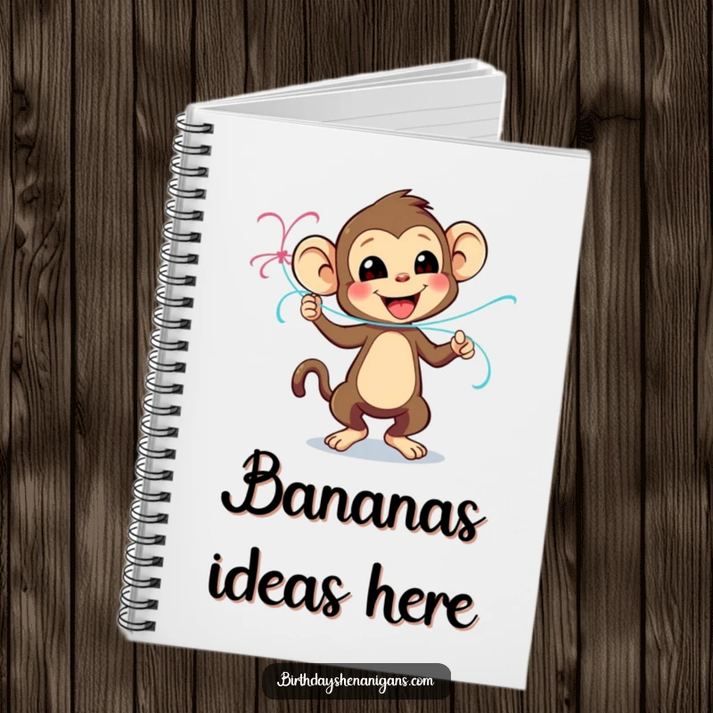 Funny notebook with a playful monkey character dancing with a streamer, perfect for jotting down party plans and ideas.