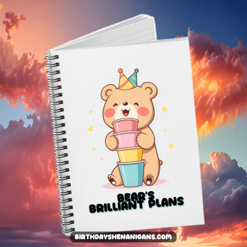 Funny Bear Notebook: A cute bear character gleefully stacking colorful party cups, ready for notes.