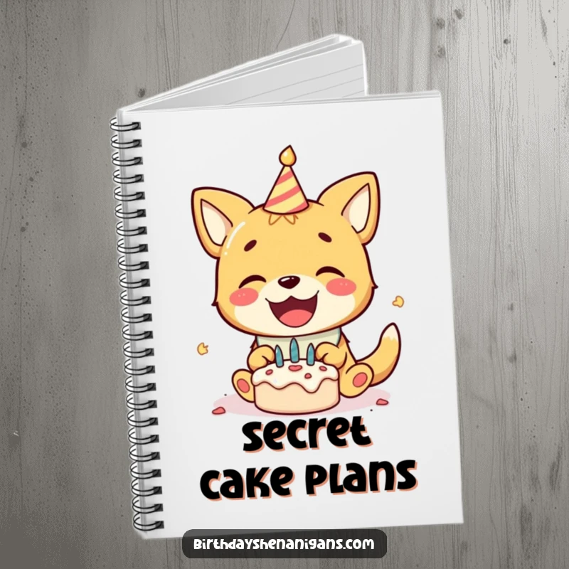 Funny notebook with a delighted dog in a birthday bib, gleefully smashing a tiny cake, perfect for capturing party notes.