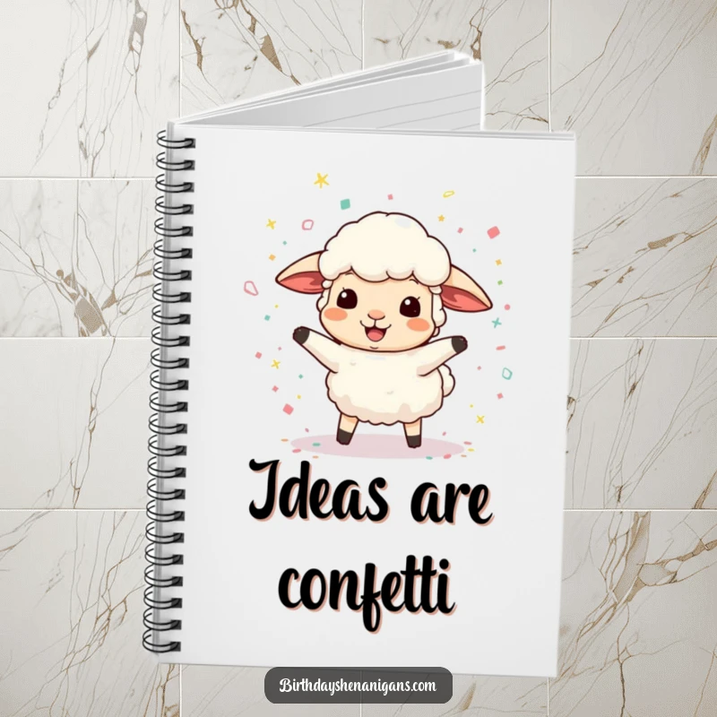 Funny notebook with a joyful sheep character surrounded by dancing confetti, ideal for capturing funny ideas and notes.