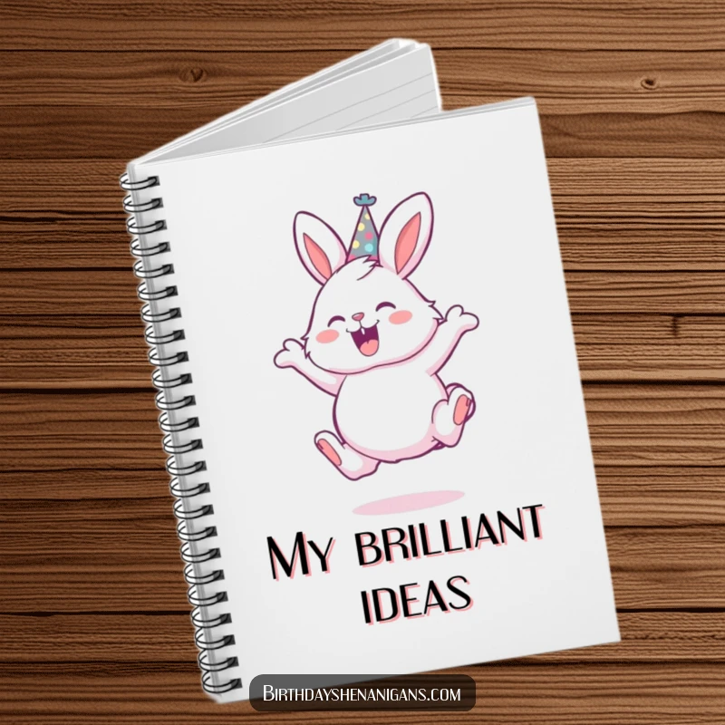 Funny notebook featuring a fluffy bunny wearing a party hat, leaping with excitement, perfect for jotting down ideas and dreams.