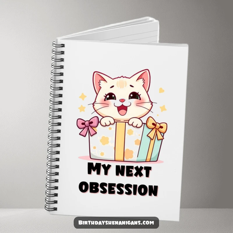 Funny notebook cover with a delightful cat character eagerly opening a large present, perfect for jotting down exciting ideas.