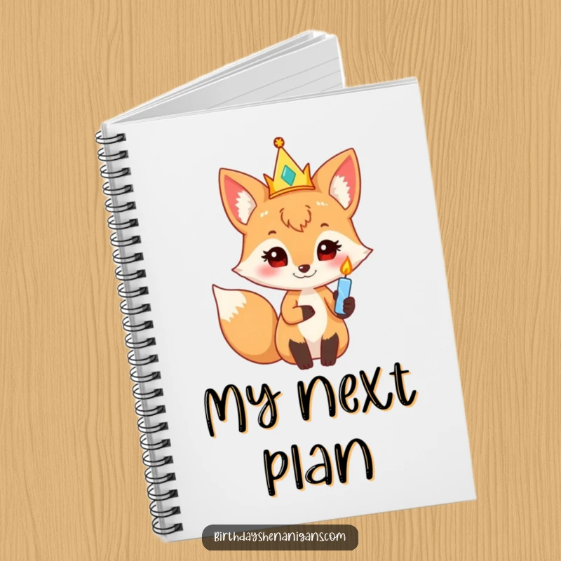 Funny curious fox with a party crown and twinkling candle, a humorous notebook for writing wishes and ideas.