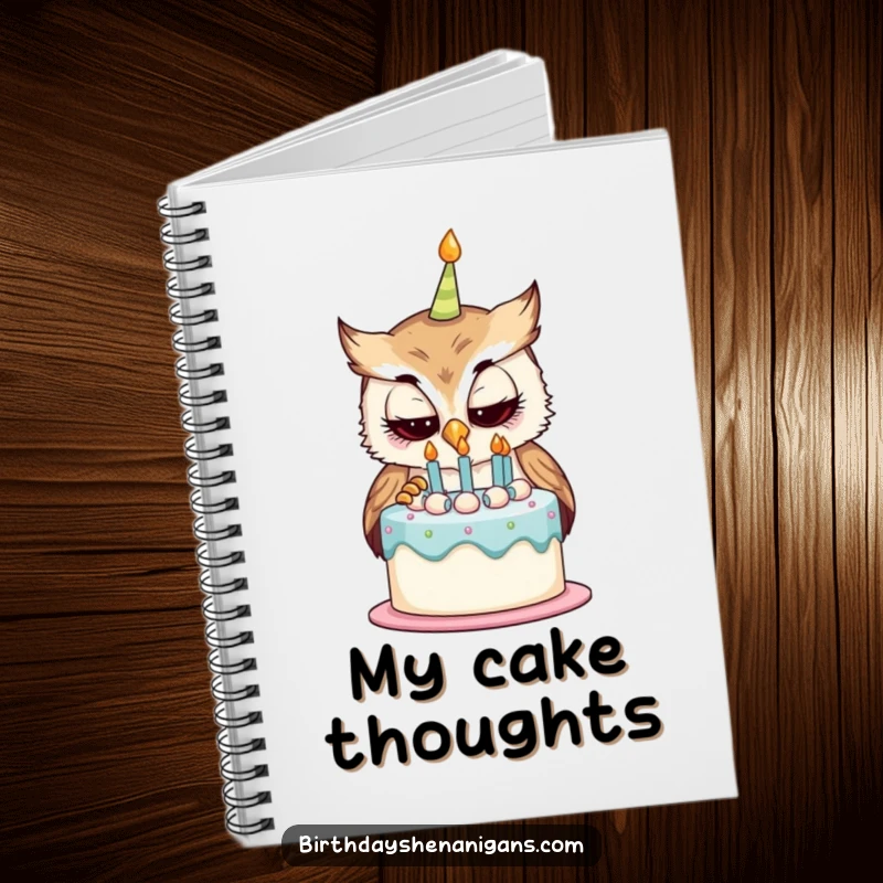 Funny notebook cover featuring a curious owl character examining a birthday cake, great for jotting down ideas with a whimsical twist.
