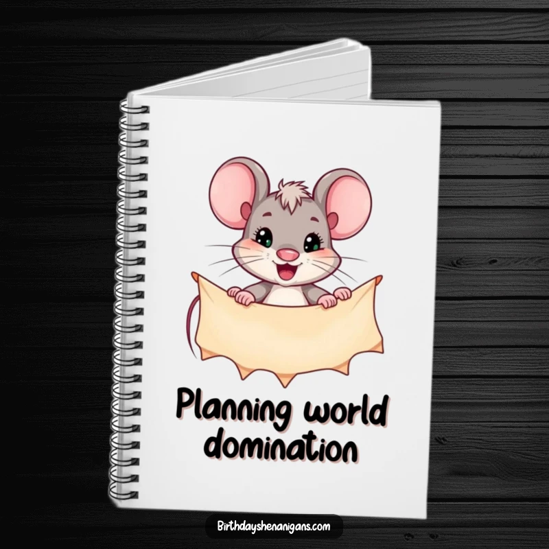 Funny notebook with a determined mouse character hanging a festive banner, perfect for jotting down plans and ambitious ideas.