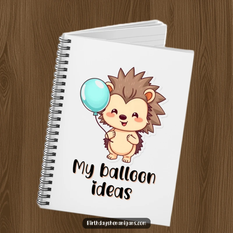 Funny hedgehog notebook with a smiling character holding a colorful balloon, ideal for writing and creative ideas.