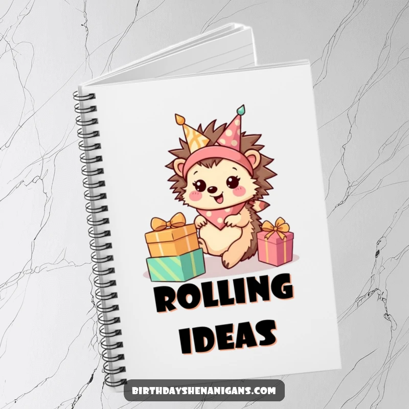 Funny Hedgehog Notebook: Happy character rolls towards presents, a fun and inspiring place for notes.