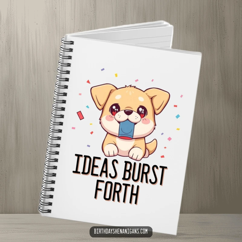 Funny kawaii dog with sparkling eyes launching confetti from a popper on a notebook cover.