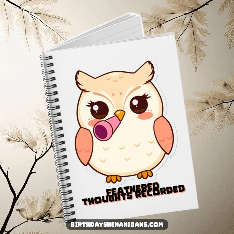Funny kawaii owl character wearing a party blower in its beak on a notebook, inspiring creativity and organization with its playful design.