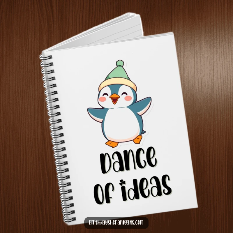 Funny Kawaii Penguin Notebook: A kawaii penguin dressed festively is shown doing a silly dance on this funny notebook.