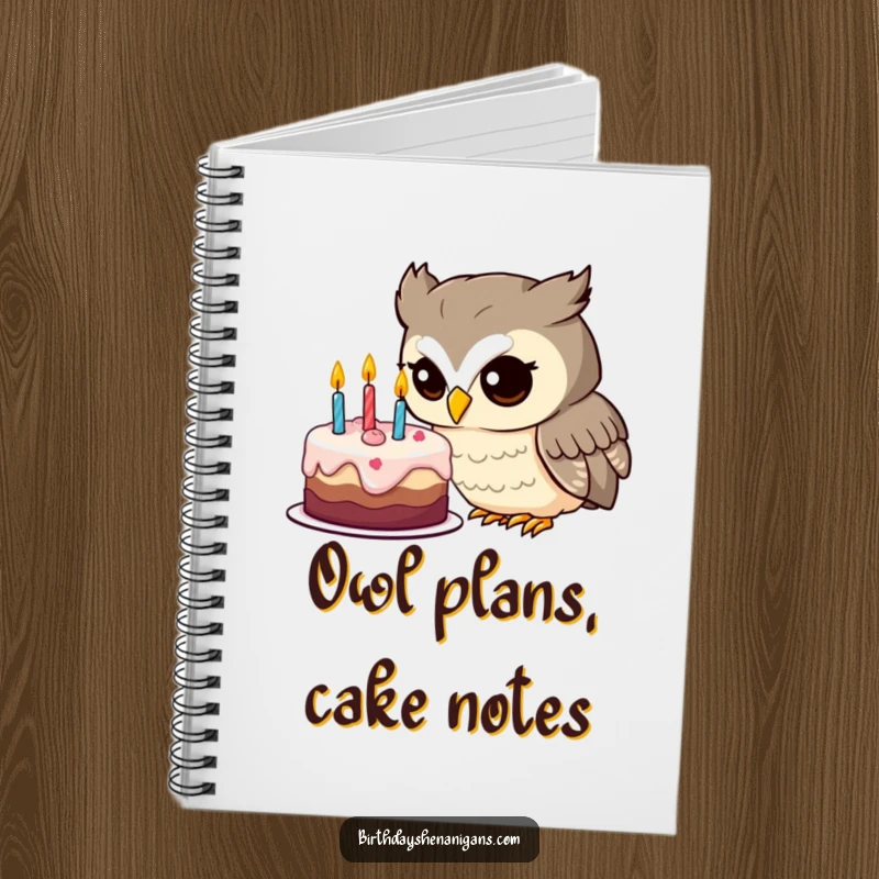Funny owl notebook with a curious character examining a birthday cake, ideal for journaling and creative writing.