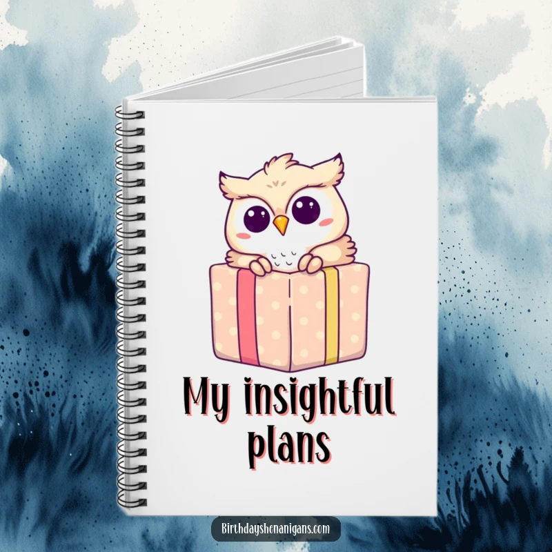 Funny notebook cover with an owl peeking from a gift, perfect for jotting down notes and ideas.