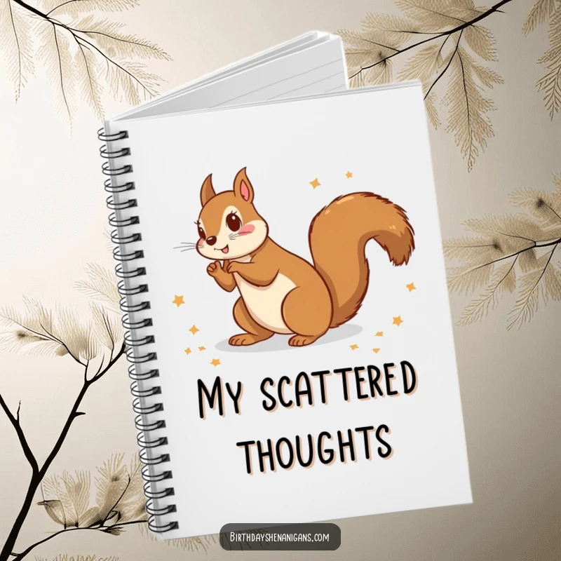 Funny notebook cover with a squirrel scattering wrapping paper, perfect for jotting down holiday notes and ideas.