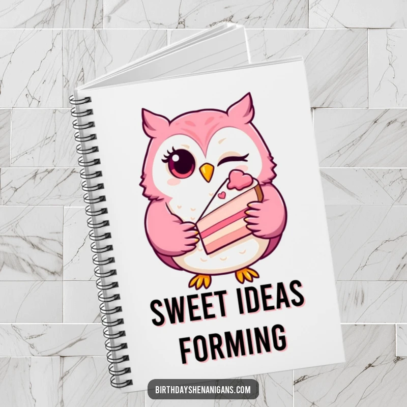 Funny winking owl notebook, a playful character holding a slice of cake, perfect for journaling, notes, and sweet thoughts.