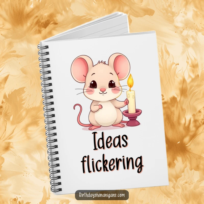 Funny kawaii mouse holding a single lit candle with a curious expression on a notebook cover.